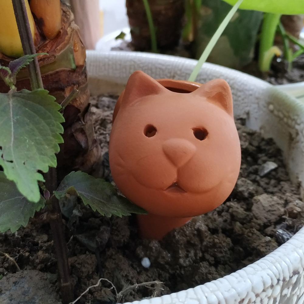 Pincho de riego automático de terracota para plantas de interior y exterior, herramienta gotero de arcilla de cerámica con dibujos animados de animales, paquete de 2 unidades