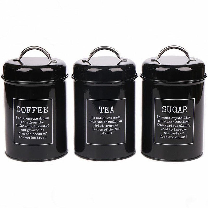3 in 1 Set Metal Seal Box Tea Coffee Sugar Storage Jar Kitchen Sealing Container Home Candy Cereal Milk Powder Organizer Jar: 3 in 1 set Black