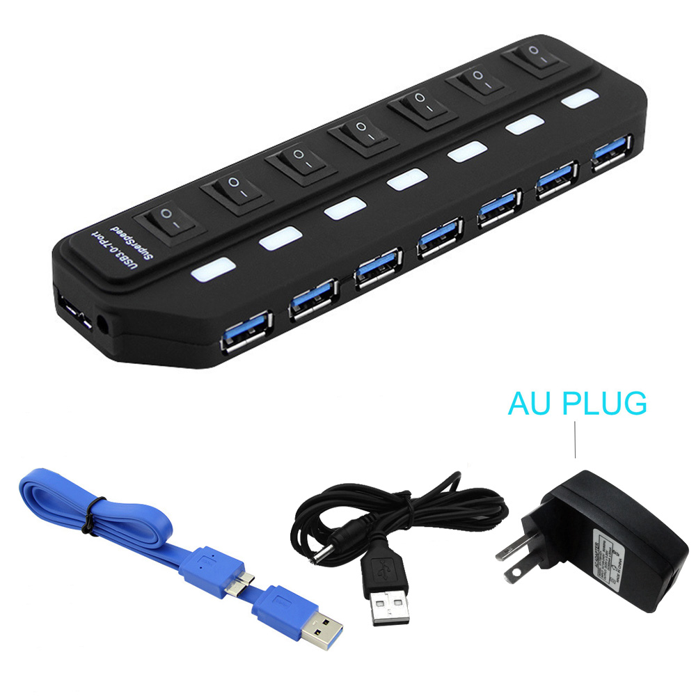 Windyoung USB3.0 HUB 7 Port with Power Charging and Switch Multiple USB Power Adapter LED ON/OFF Switch Splitter for PC Laptop: 7 Port and AU PD