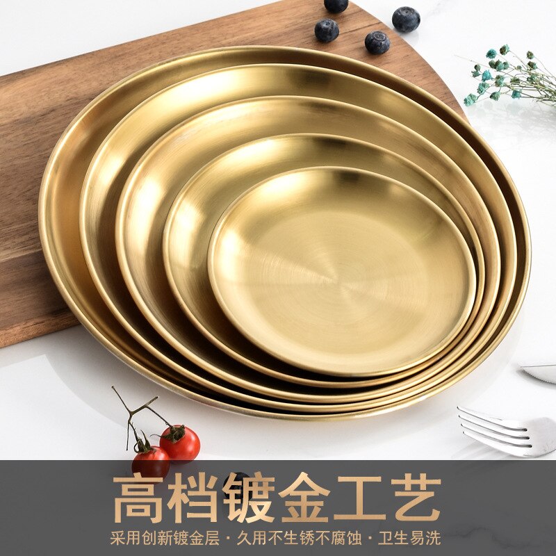 5pcs Dinner Plates Gold Dining Plate Serving Dishes Round Plate Tray Western Steak Round Tray Kitchen Plates set Stainless Steel