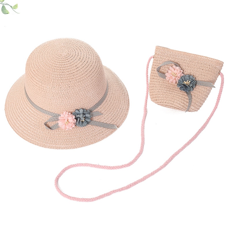 Blomma barn tjej solhatt andas hatt halm hatt med handväska väska barn mössa tjejer solskydd uv skydd panama hatt gorras: 2