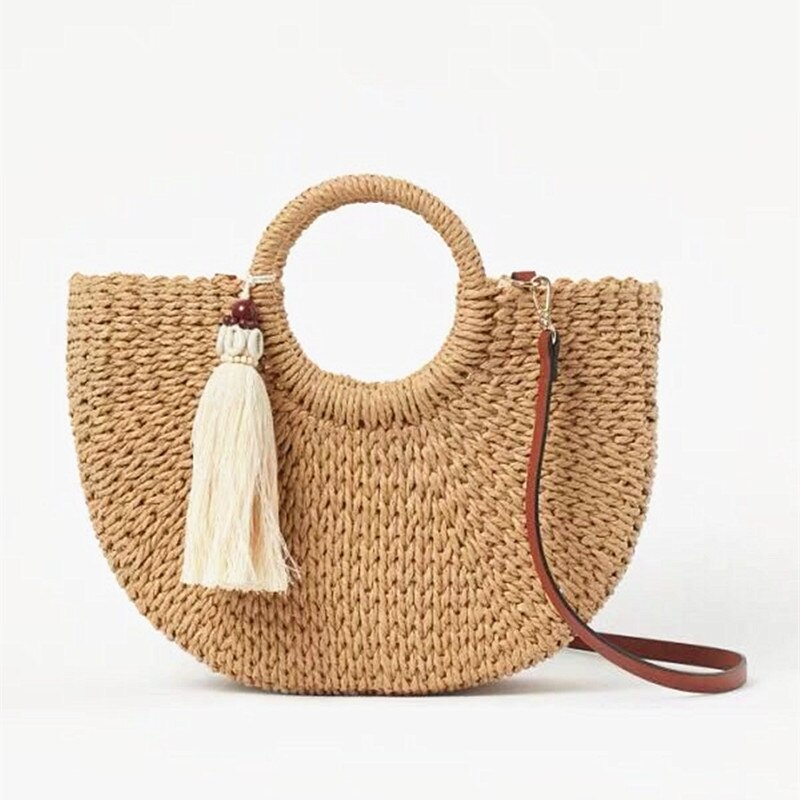 Kwast handgemaakte halfronde rotan gevlochten stro tas zomer dames messenger crossbody tassen meisjes strand handtas: Default Title