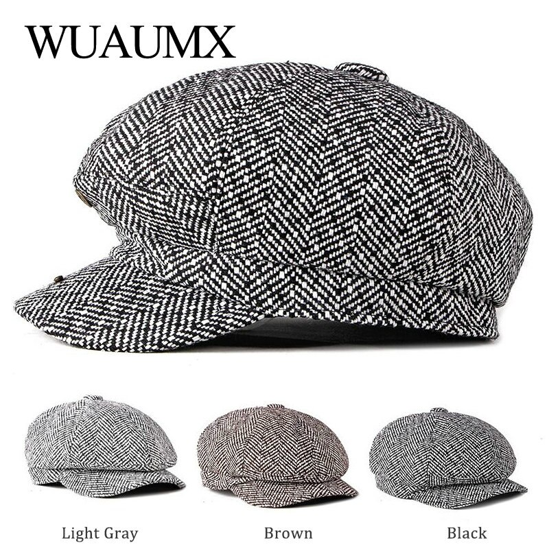 Wuaumx Newsboy Caps Men Women Tweed Octagonal Hat Eight-blade Cap Detective Hats Autumn Winter Herringbone Flat Caps chapeau