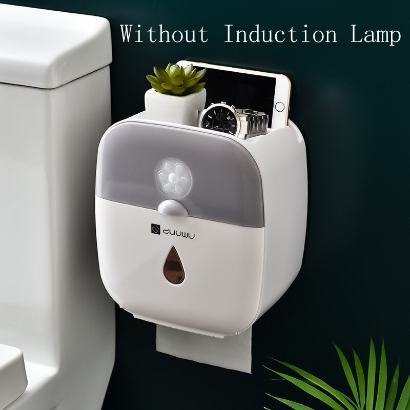 Wall Mounted Waterproof Tissue Holder Box With Human Intelligent Sensor Lamp Bathroom Paper Towel Holder For Phone Storage Box: Grey(No Lights)