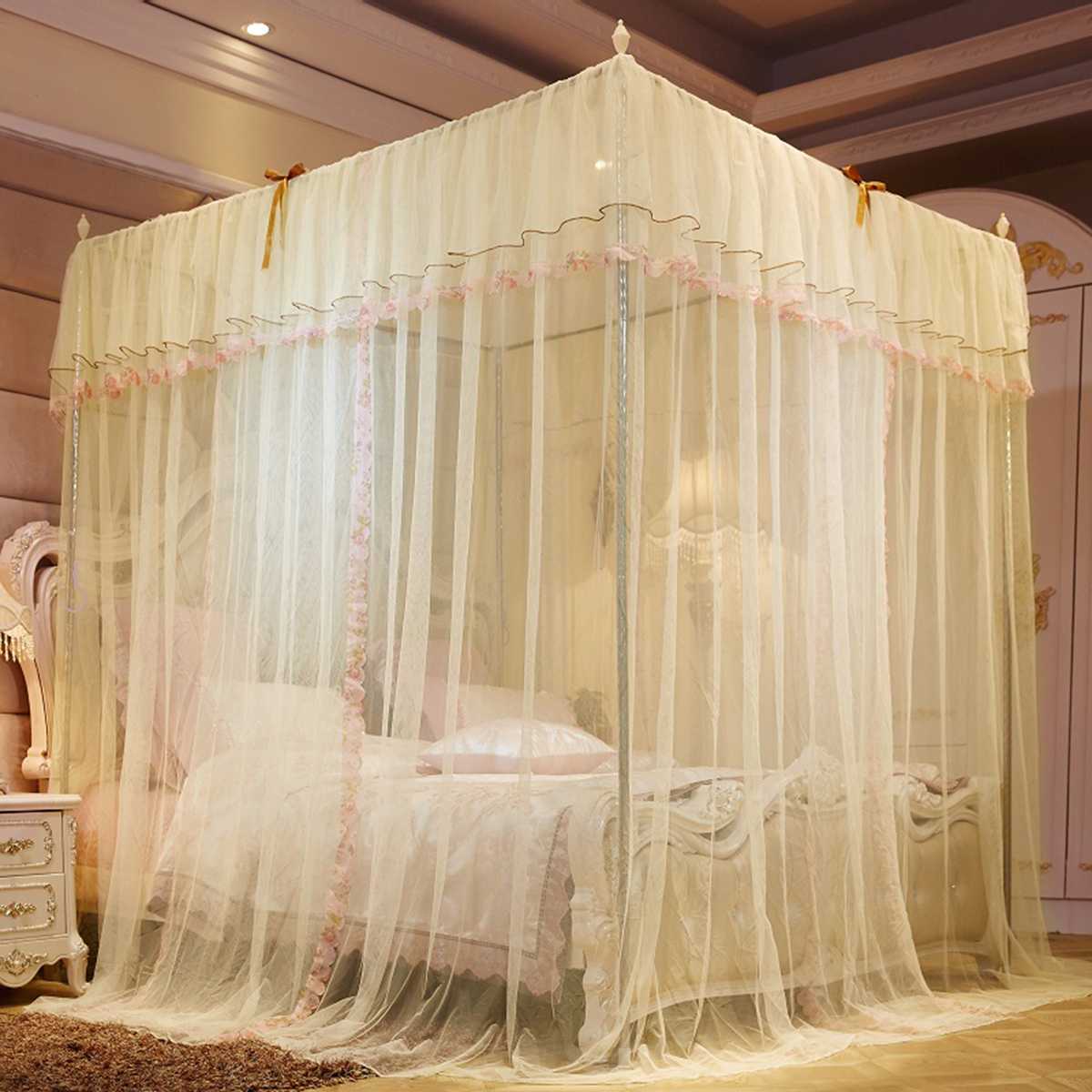 Estilo europeu 4 canto pós cama dossel mosquiteiro rede cheia cama decoração do quarto pendurado valance: YELLOW