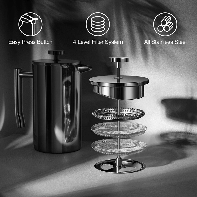 Presse française cafetière en acier inoxydable français pressé Double en acier inoxydable cafetière et théière, acier inoxydable Sn, plat