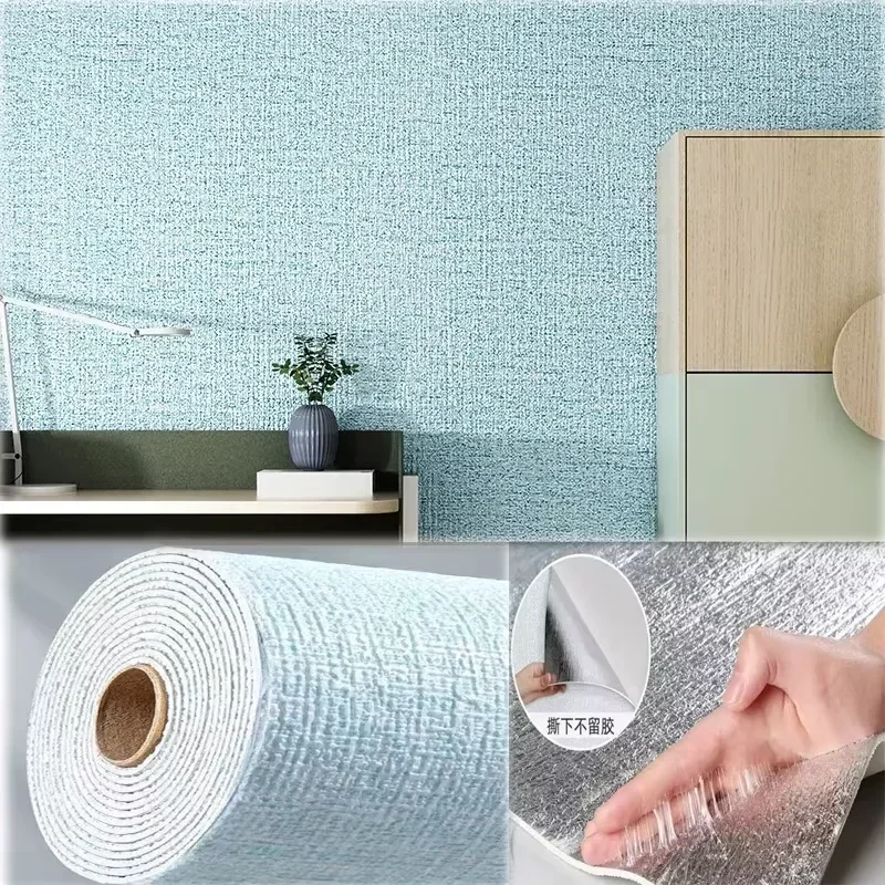 Adhesivo de pared de lino autoadhesivo, papel tapiz, Panel de revestimiento de paredes impermeable para sala de estar, baño, dormitorio, decoración Interior: Verde claro / 5.3㎡