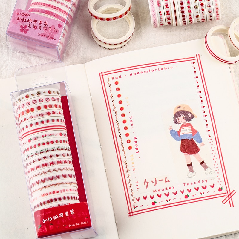Journamm 5mm*2m*20pcs Color Tapes Janpaese Journal Delicacy Styling Bullet Journaling Adhesive Scrapbooking Deco Masking Tapes