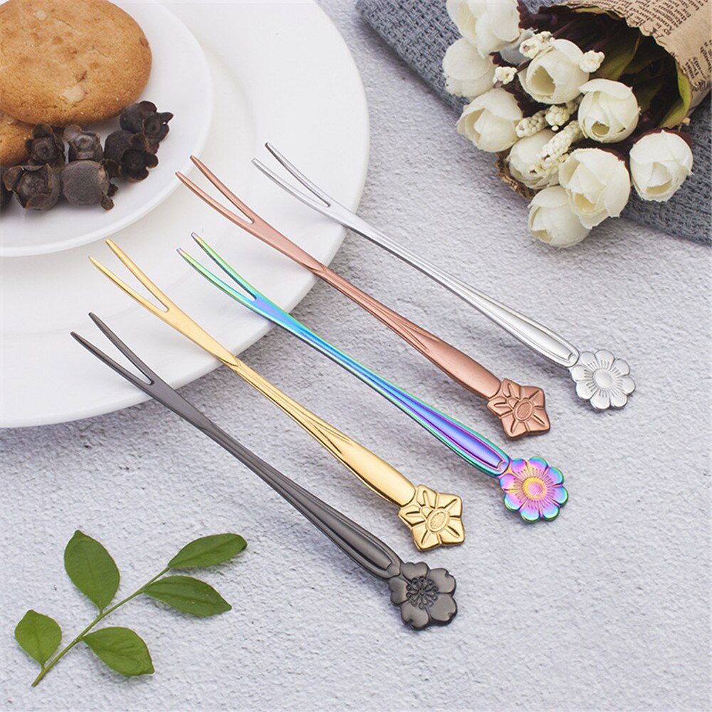 Tenedor de fruta de dos dientes de acero inoxidable forma de flor tarta postre tenedor suministros accesorios de vajilla de cocina