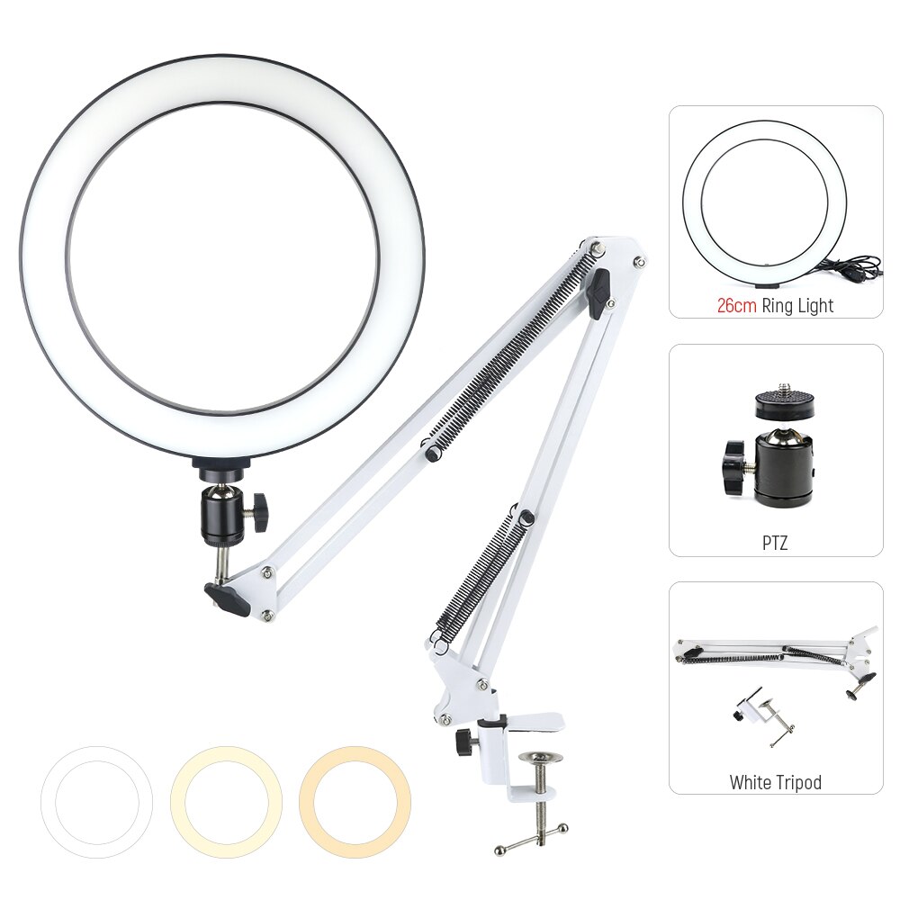 Dimbare Led Selfie Ring Licht 3 Kleur Warm Koude Lamp Met Bureau Lange Arm Telefoon Houder Stand Fotografie Licht Voor foto Studio: Type 3