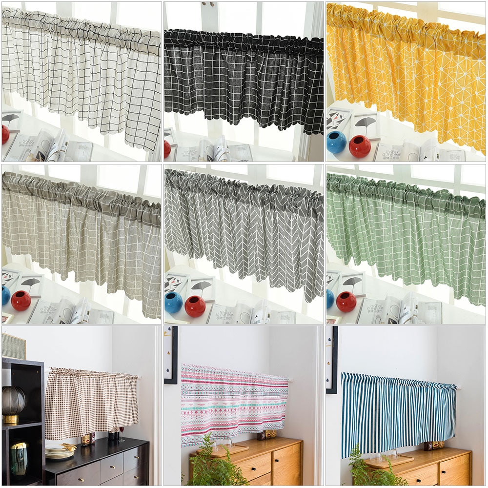 Cenefa de rejilla a rayas para ventana, faldones de cortinas opacas, cortas, semitransparentes, de bolsillo, para Cocina