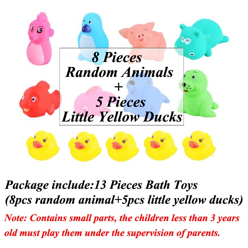 13 Pcs Cute Animals Swimming Water Toys Colorful Soft Rubber Float Squeeze Sound Squeaky Bathing Toy For Baby Bath Toys: 8 Random 5 Ducks