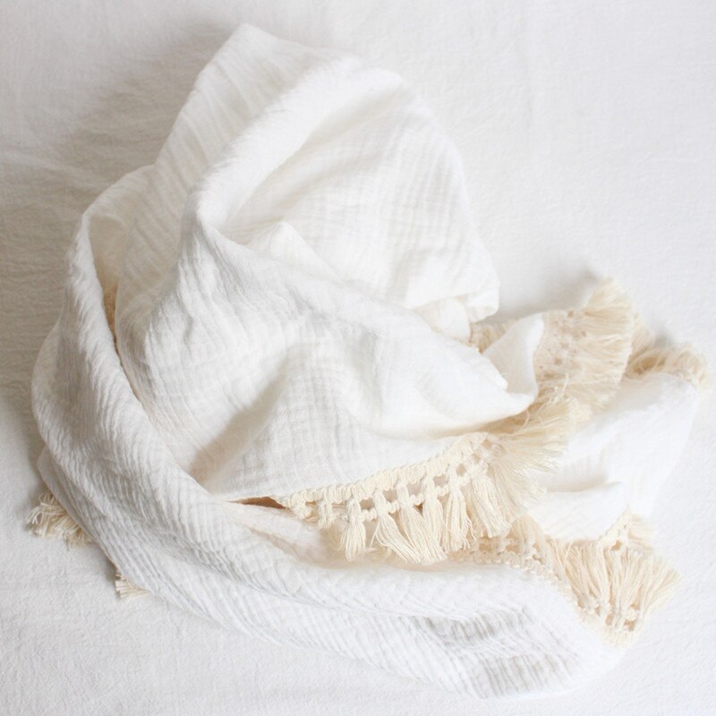 Bomullsmuslin bebis flicka pojke filtar nyfödd linda filt tofs bebis mottagande filt spädbarn sova täcke sängöverdrag: Vit / 80 x 65cm