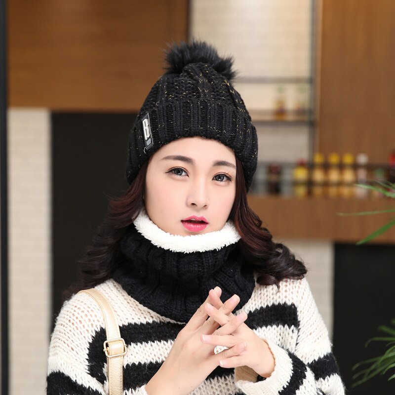 Neck warm Balaclava knitted winter hat Big Fur pom poms ball Knitted hats scarf set women Beanie Hat thick Skullies female cap