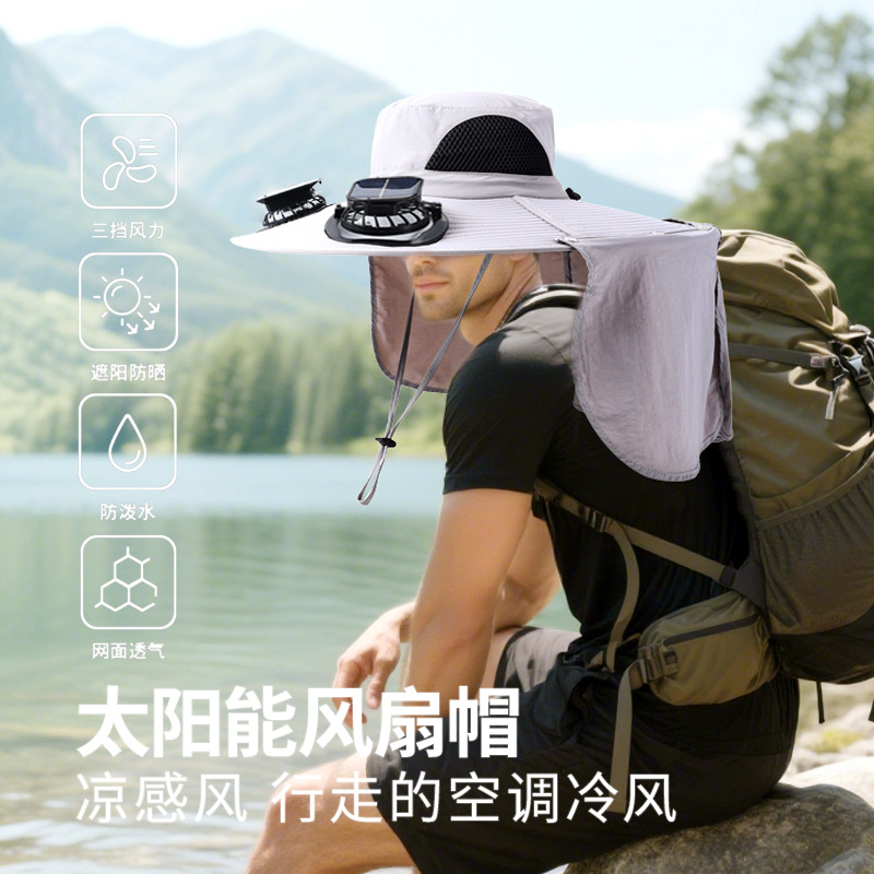 Outdoor zonnehoed met brede rand en ventilator op zonne-energie, usb-oplaadbare outdoor vissershoed met zonbescherming