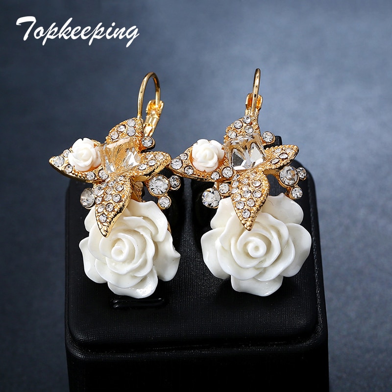 Bruiloft Romantische Mode-sieraden Vrouwen Crystal Vlinder Resin Rose Flower Earring Meisjes Boho Etnische Bridal Dangle Oorbellen
