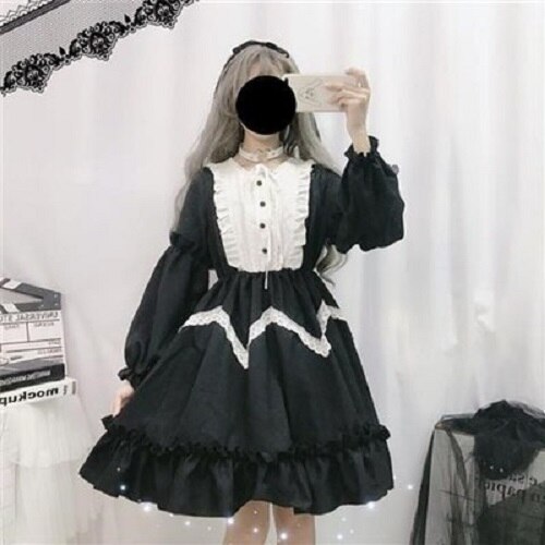 Vêtements Lolita pour filles Kawaii, robes pour femmes, vêtements de Style japonais, pour grandes adolescentes, jolie fée d'étudiant: Black(Long Sleeve) / M