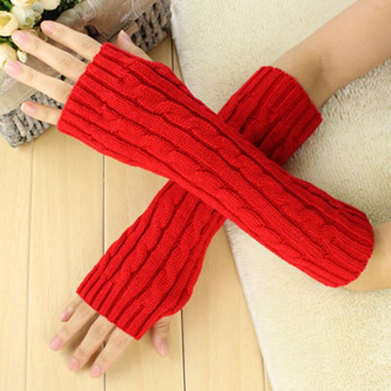 Guantes largos de lana de medio dedo para mujer, guantes gruesos de tejido para Otoño Invierno: Rojo