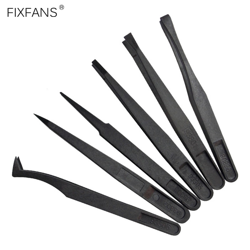 FIXFANS 6Pcs Black Precision Plastic Tweezers Kit Anti static Tweezers Set Pickup Clamp for Craft Electronics DIY Repair Tool