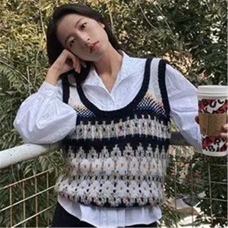 Vintage argyle geruite trui vest dames herfst winter mouwloos gebreide losse tank truien dames streetwear truien top