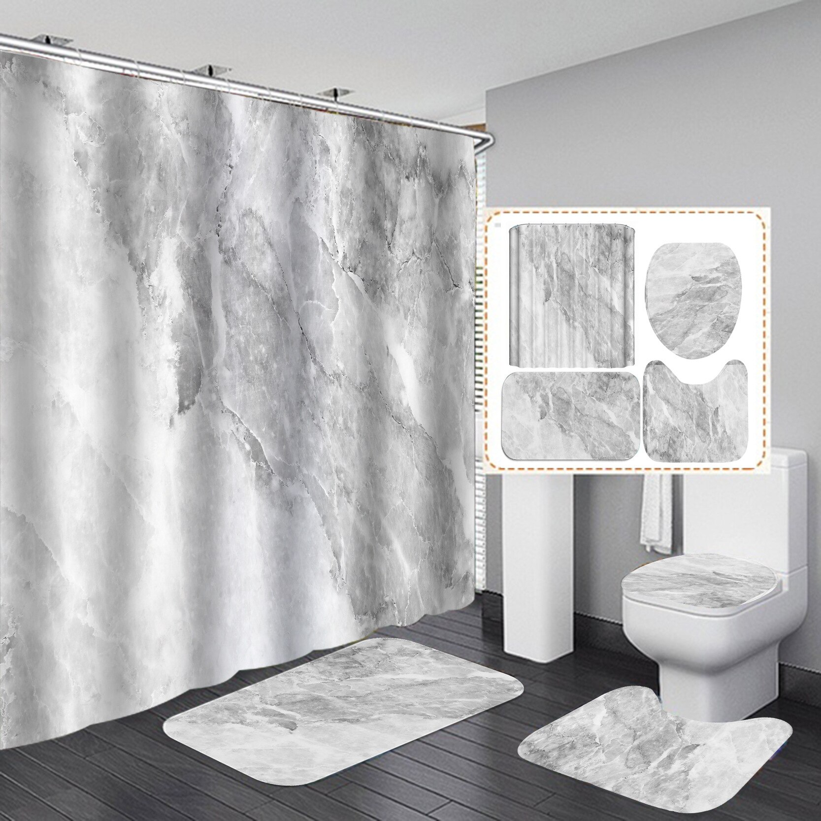 Tenda da doccia in marmo con trama a inchiostro Set da bagno morbido in 4 pezzi lussuoso tessuto in poliestere con stampa grafica con gancio