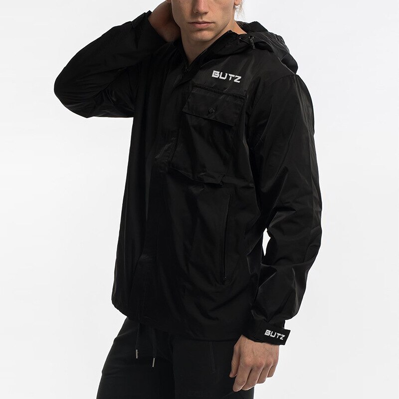 Heren fitness sportjack winddichte jas rits capuchon hardloopjacks heren sportkleding workout joggingjack hoodies: Zwart 1 / M