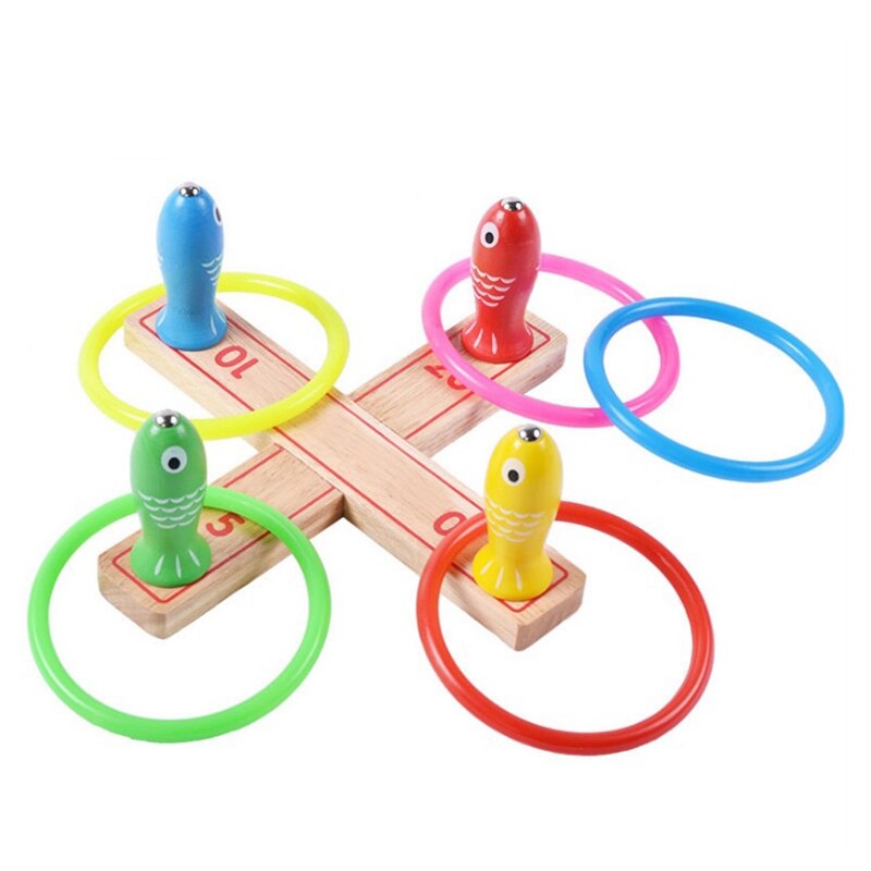 2 in 1 Wooden Multifunctional Toy Magnetic Fishing Game Board Throwing Ring Game Toy