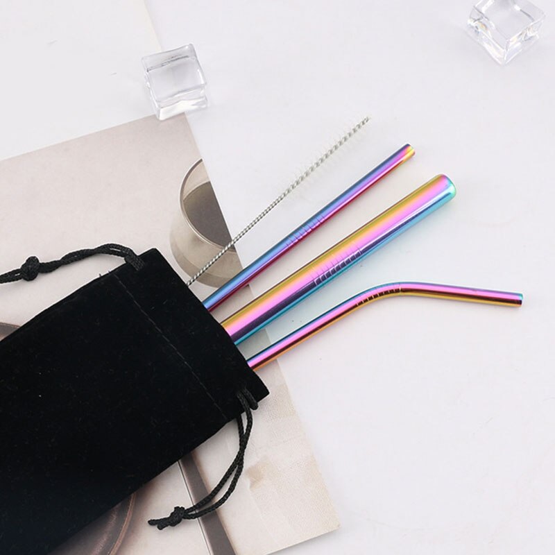5PCS Reusable Metal Straw Eco Friendly 304 Stainless Steel Straw Cleaning Brush Pink Drinking Straws Bubble Tea Bag Pouch Set