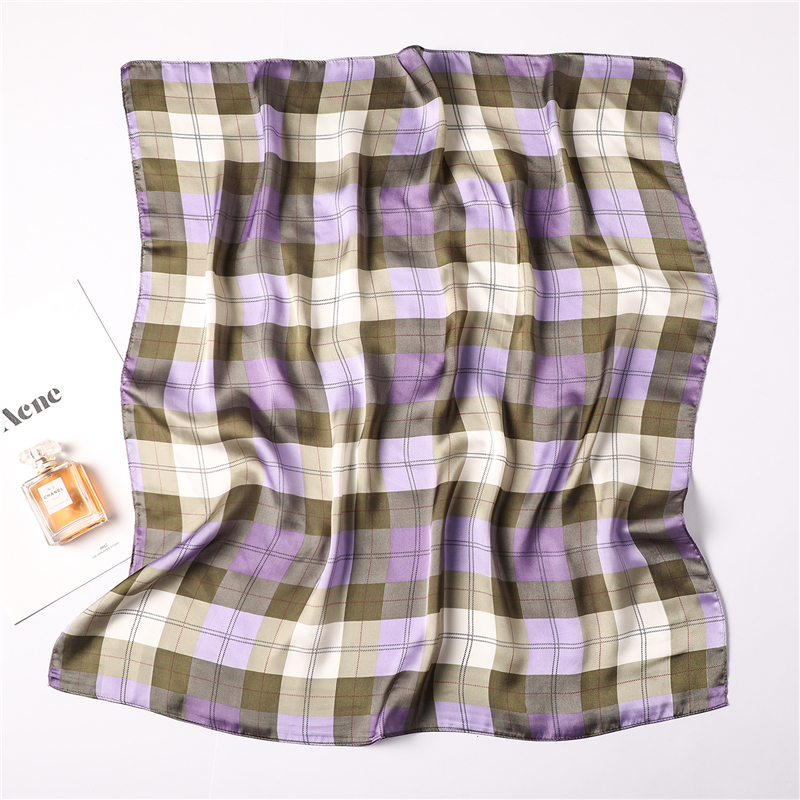 Zomer Vrouwen Sjaal Mode Plaid Print Zijden Sjaals Vierkante Kleine Size Haar Neck Bandana Sjaals Foulard