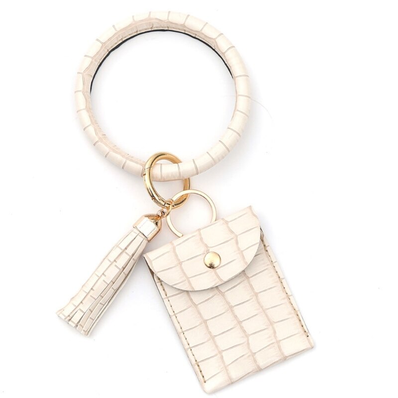 H3CB Sleutelhanger Armband Polsbandje Bangle Key Kaarthouder Grote Ronde Sleutelhanger Lederen Kwastje Voor Vrouwen Meisjes Met Portemonnee: WHITE