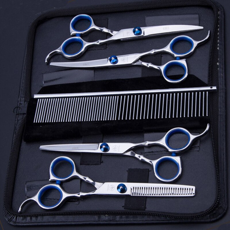 5Pcs Rvs Honden Grooming Schaar Kat Haar Dunner Shear Scherpe Rand Schaar Voor Honden Dier Kapper Snijden tool: Zilver