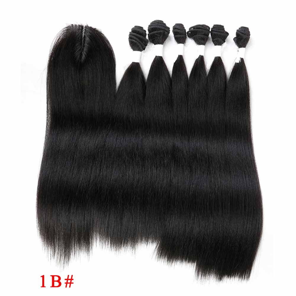 Soku Rood Haar Bundels Met Sluiting 14-18Inch Synthetisch Haar Bundels Met Vetersluiting Yaki Steil Haar Weave extensions: #1B