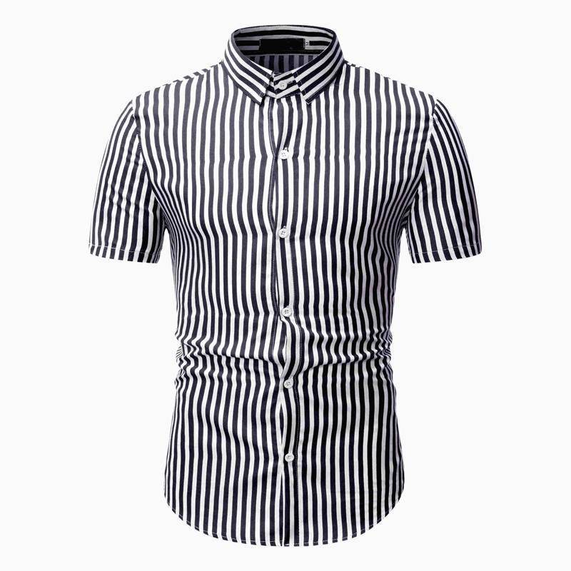 Blå hvide lodrette striber herreskjorter korte ærmer casual slim fit skjorte sommer toppe herre chemise homme