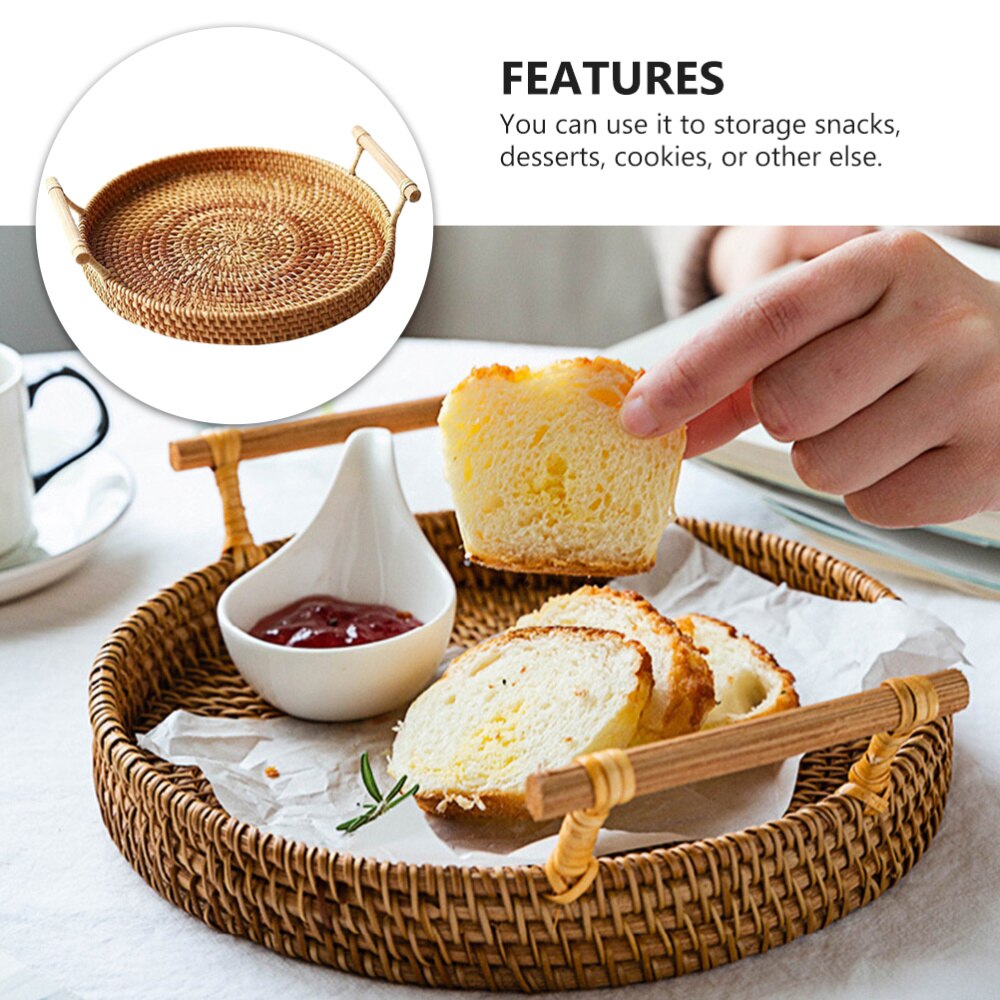 1PC Rattan Woven Basket Practical Picnic Ratten Tray Outdoor Storage Basket Portable Picnic Basket (Medium, Diameter 28x3.5cm)