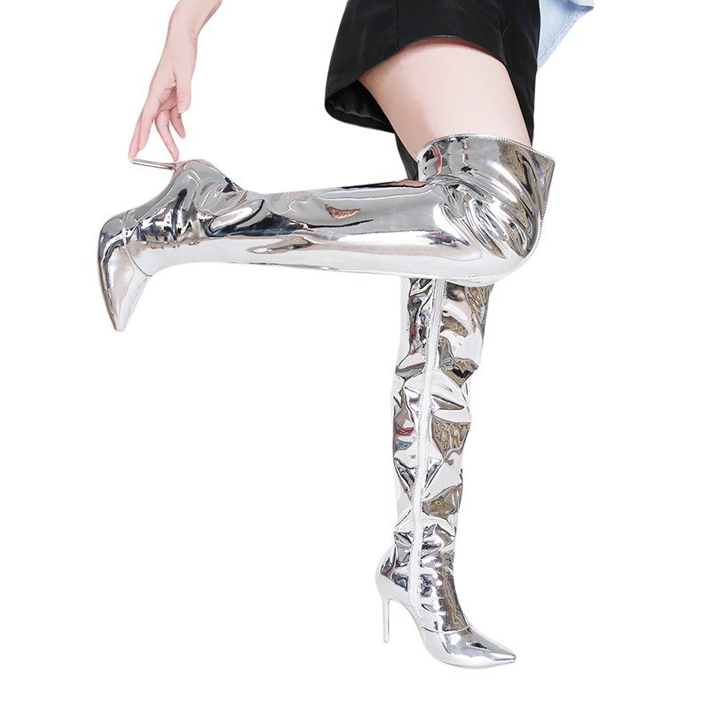 Botas altas hasta el muslo con espejo plateado para mujer, zapatos de con punta puntiaguda, tacones altos finos por encima de la rodilla, sexys