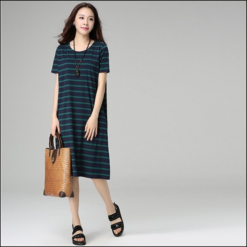 Korean Version Knitted Fat Plus-size Women's Summer Fat MM Stripes Long Thin Cotton ZZ011 S