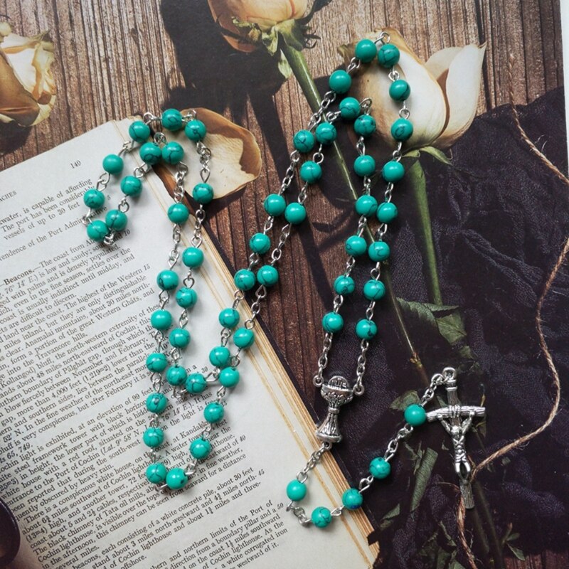 Gothic Sieraden Kettingen Voor Vrouwen Katholieke Gebed Y-Kettingen Met Kruis Hanger Turquoise Rozenkrans Katholieke Ne