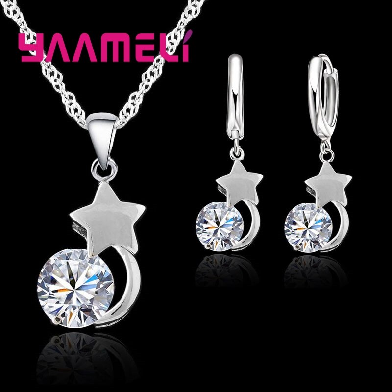 Sparkling Oostenrijkse Crystal Sieraden Sets 925 Sterling Silver Star Ronde Cubic Zirkoon Hanger Ketting Lever Terug Oorbellen