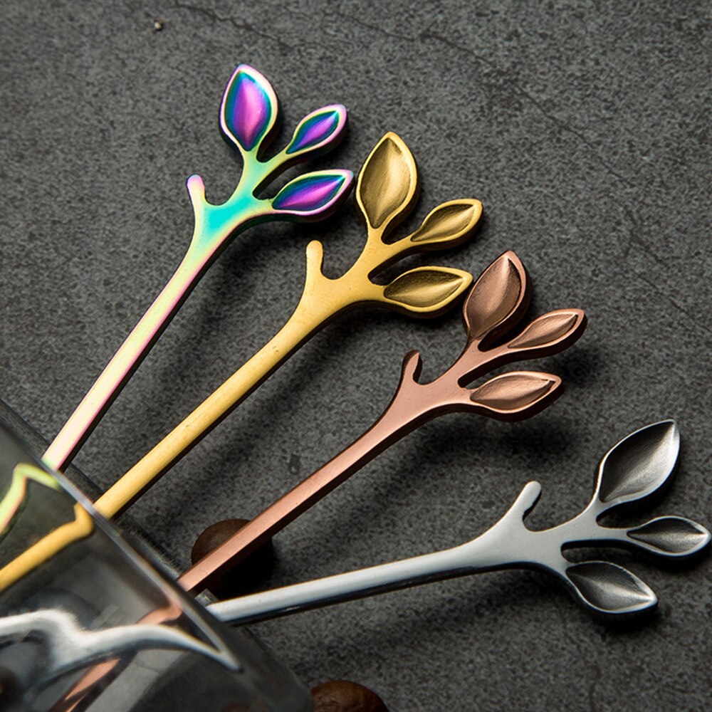 Coffee Stirring Spoon Stainless Steel Branch Leaves Handle Teaspoon Dessert Scoop Fork Kitchen Tableware Christmas