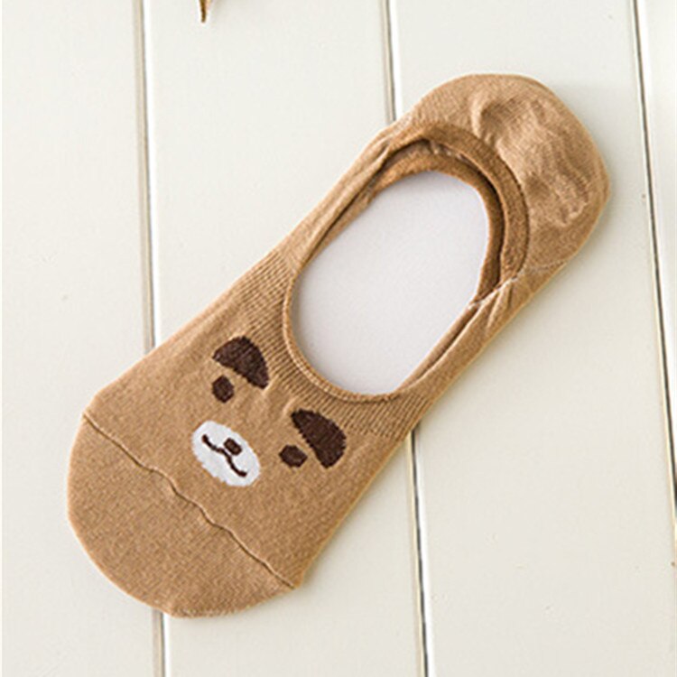 10 Kleur Vrouwen Onzichtbare Katoenen Sokken No Show Antislip Loafer Liner Low Cut Cartoon Animal Bears Konijnen Katten Boot Korte feminino: 11001 coffee bear