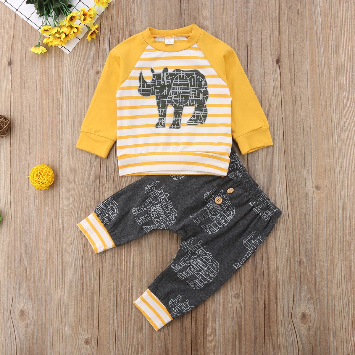 Børn baby drenge tøj næsehorn t-shirt toppe+bukser 2 stk outfits tøj