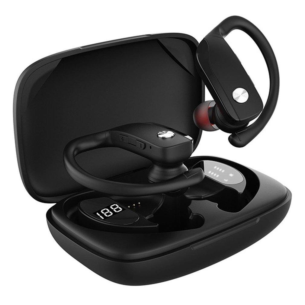 T17/t16 bluetooth headphones, bass, wireless stereo sports headset, led indicator, ear hook, hands-free function, headphones with mic and charging case: Red