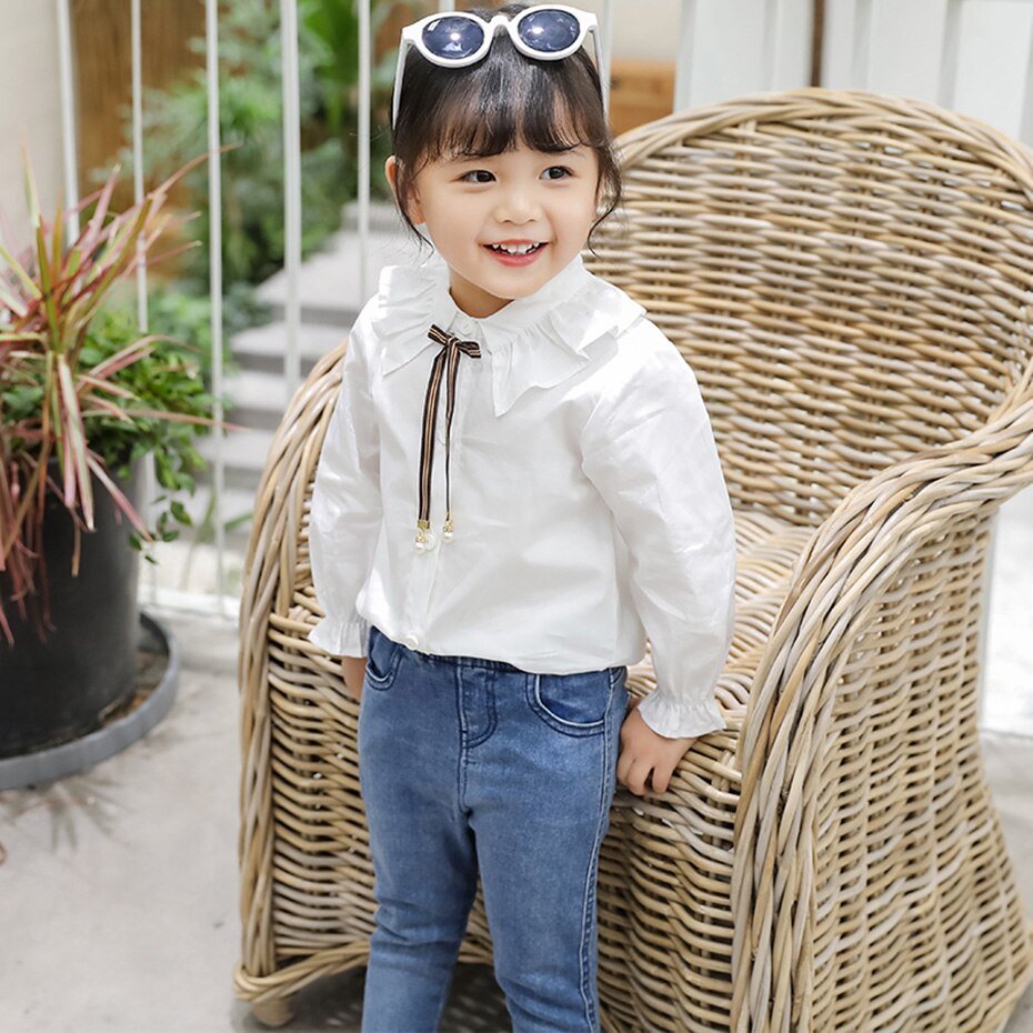 Blouses voor meisjes strik meisje witte blouse linten kinderschool blouse voor meisjes effen kleur kinderkleding meisje