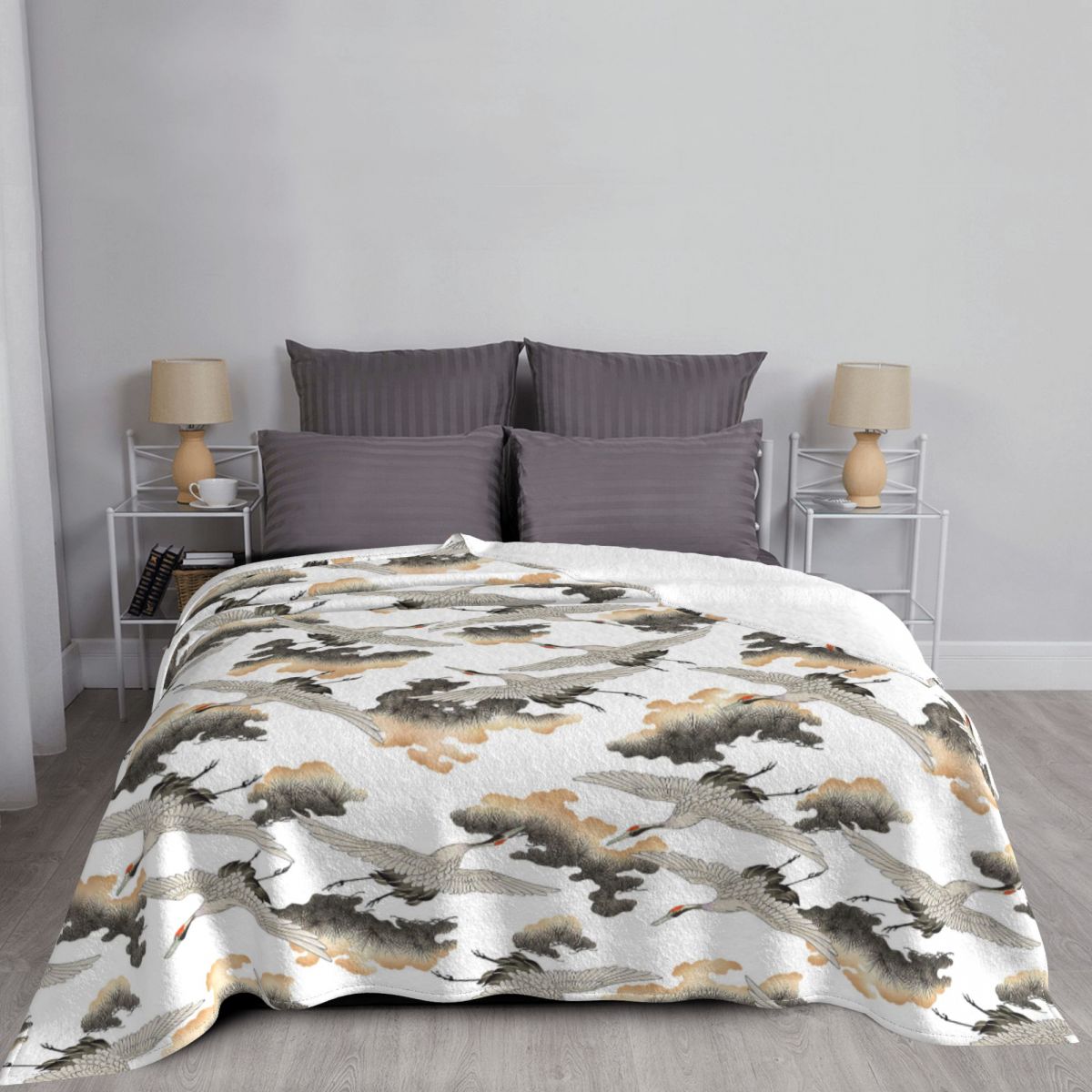 Japanese Crane Pattern Blankets Fleece Decoration Ultra-Soft Throw Blankets for Bedding Bedroom Plush Thin Quilt
