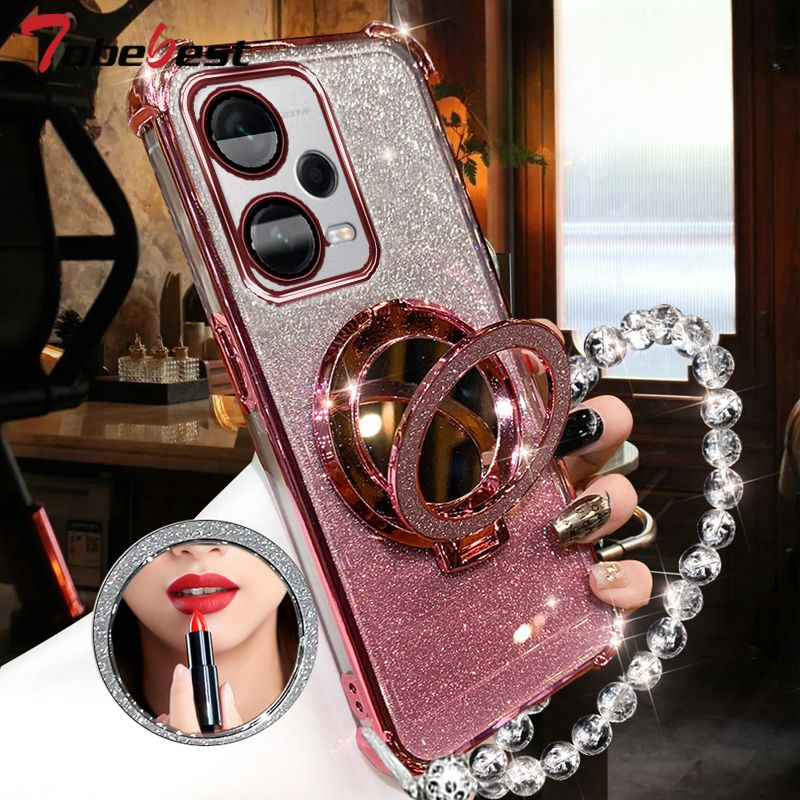 Étui pour Xiaomi Poco X5 Pro 5G, résistant aux chocs, placage de paillettes, Bracelet en cristal, miroir Magsafe, support de téléphone: Néoprène / green