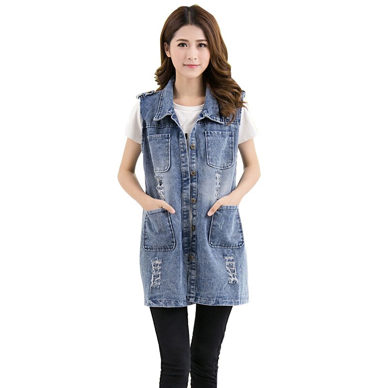 5xl plus size løs denimvest til kvinder vintage hullomme lang ærmeløs jeansjakke kvindefrakke sommer afslappet vest