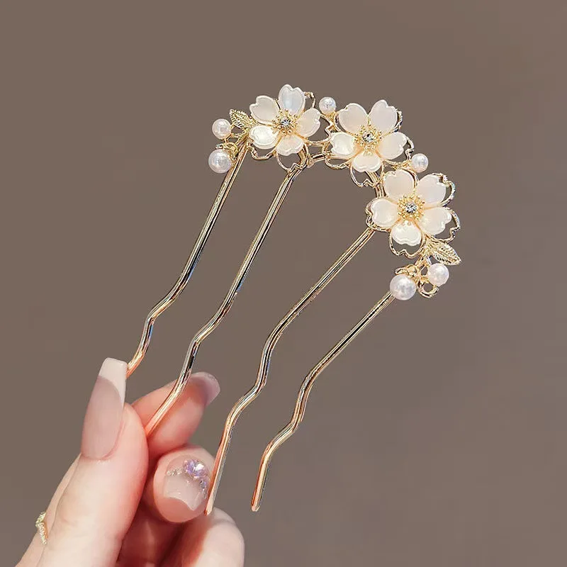 Peinetas para el cabello onduladas con flores y perlas para mujer, horquilla estilo bosque en forma de U, broche para el cabello con cabeza de moño de Metal de alta gama: Default Title