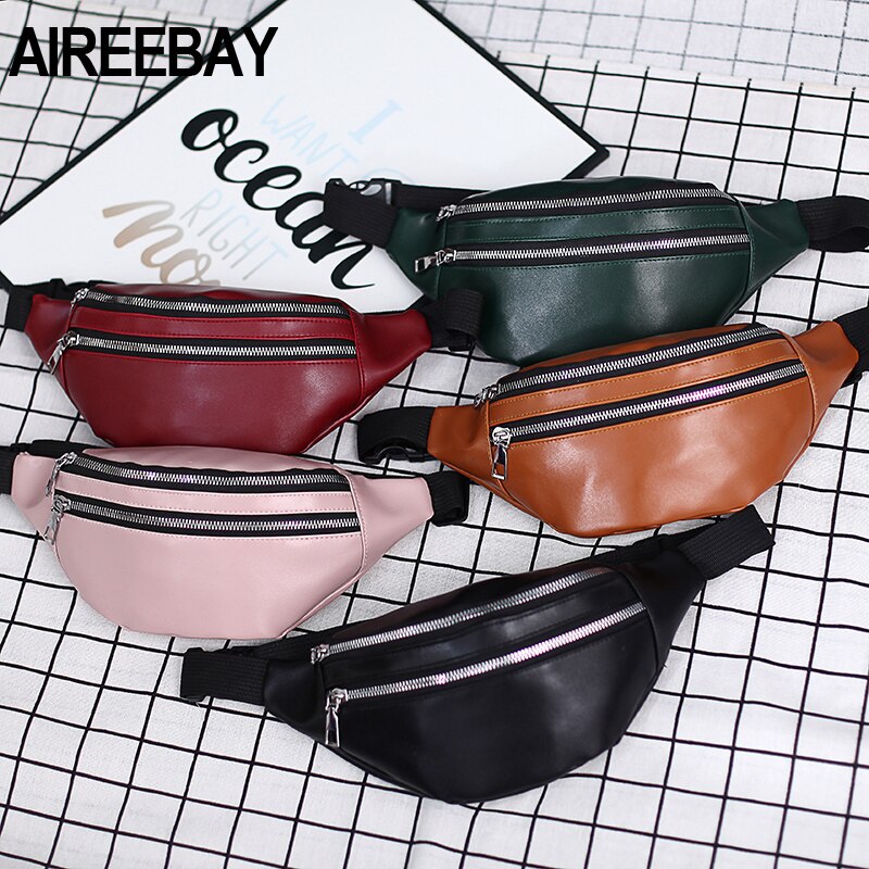 AIREEBAY Leather Waist bag For Women Fanny Pack Waterproof 3-Zipper Girls Bum Bag Travel Phone Pouch