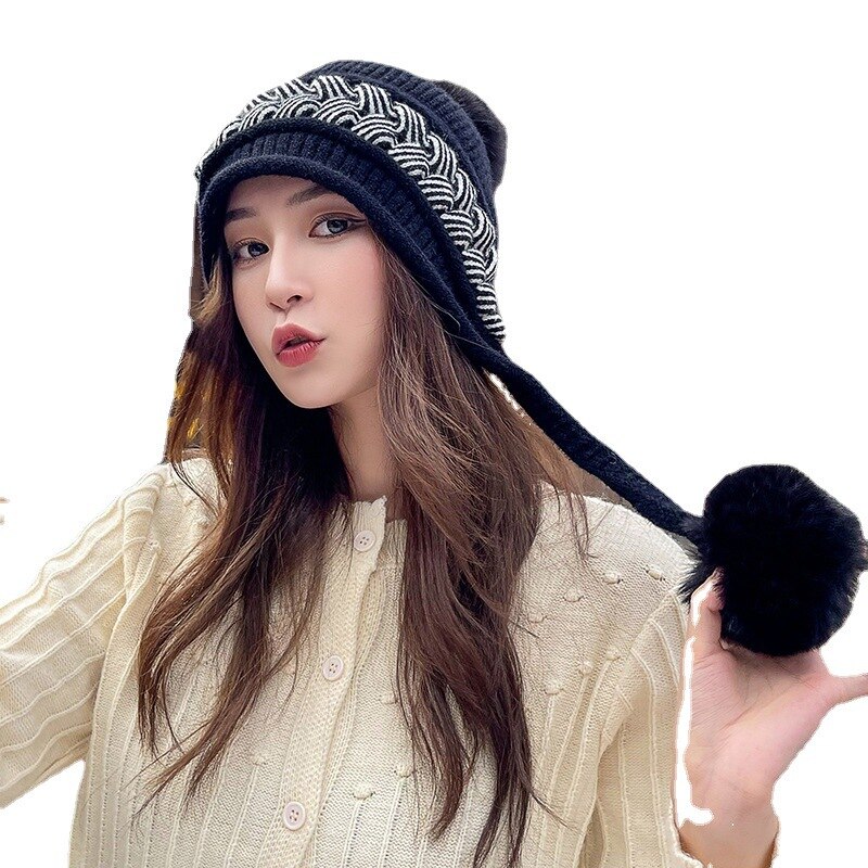 2022 Women Winter Ear Cap Ladies Woolen Hat Korean Earflap Knitted Outdoor Warm Snow Fiuffy Pompom Windproof Ski Cap