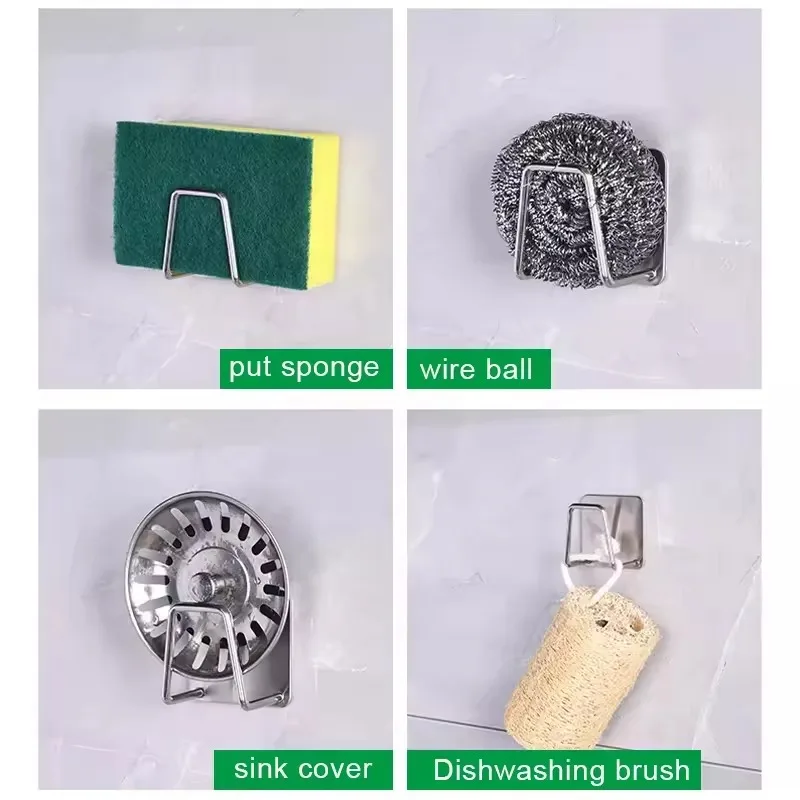 Kitchen Sponges Holder Stainless Steel Sink Sponges Drain Drying Rack Self Adhesive Storage Holder Wall Hooks Kitchen Organizer